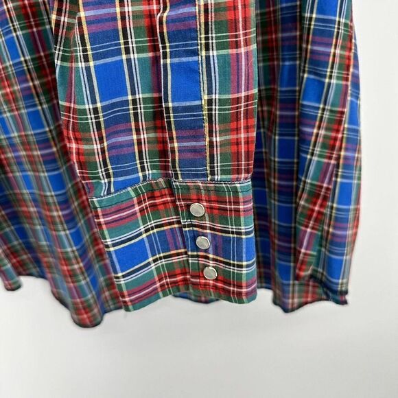 Vtg Rustler Western Pearl Snap Shirt XLong Tails Cowboy Rodeo Blue Plaid Size XL - Picture 4 of 8